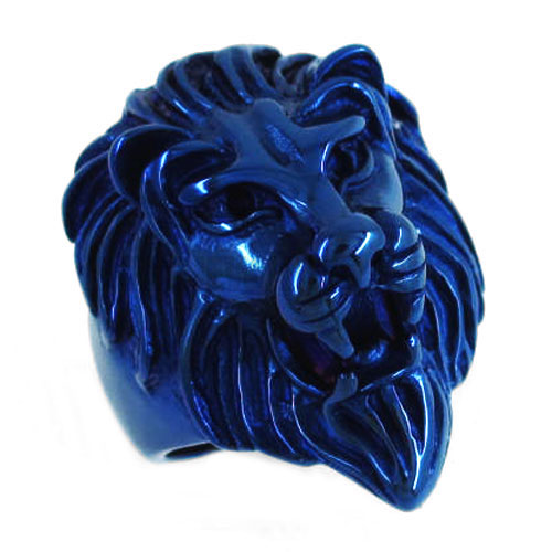 Gothic Stainless Steel Blue Lion Head Ring SWR0322B - Click Image to Close